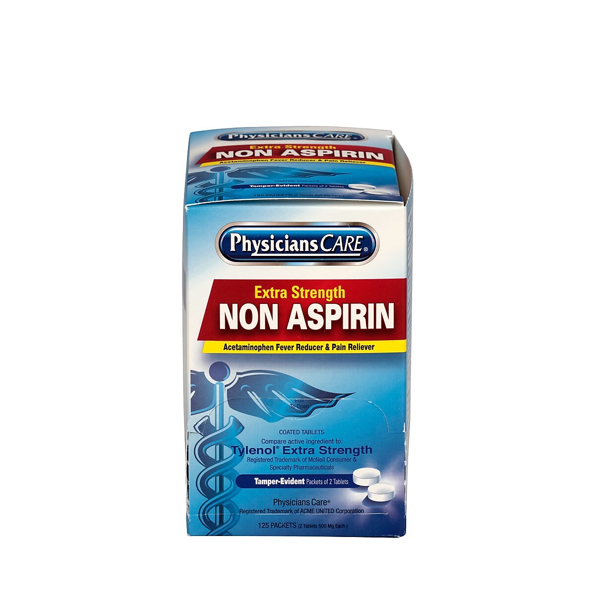 Physicians Care Extra Strength Non-Aspirin 500 Milligrams Acetaminophen Pain Reliever Tablet, 2/Packet, 125 Packets/Box