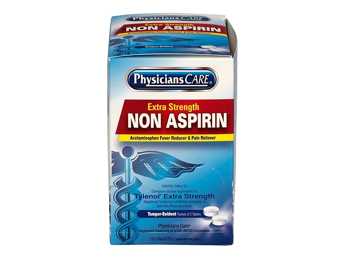 Physicians Care Extra Strength Non-Aspirin 500 Milligrams Acetaminophen Pain Reliever Tablet, 2/Packet, 125 Packets/Box
