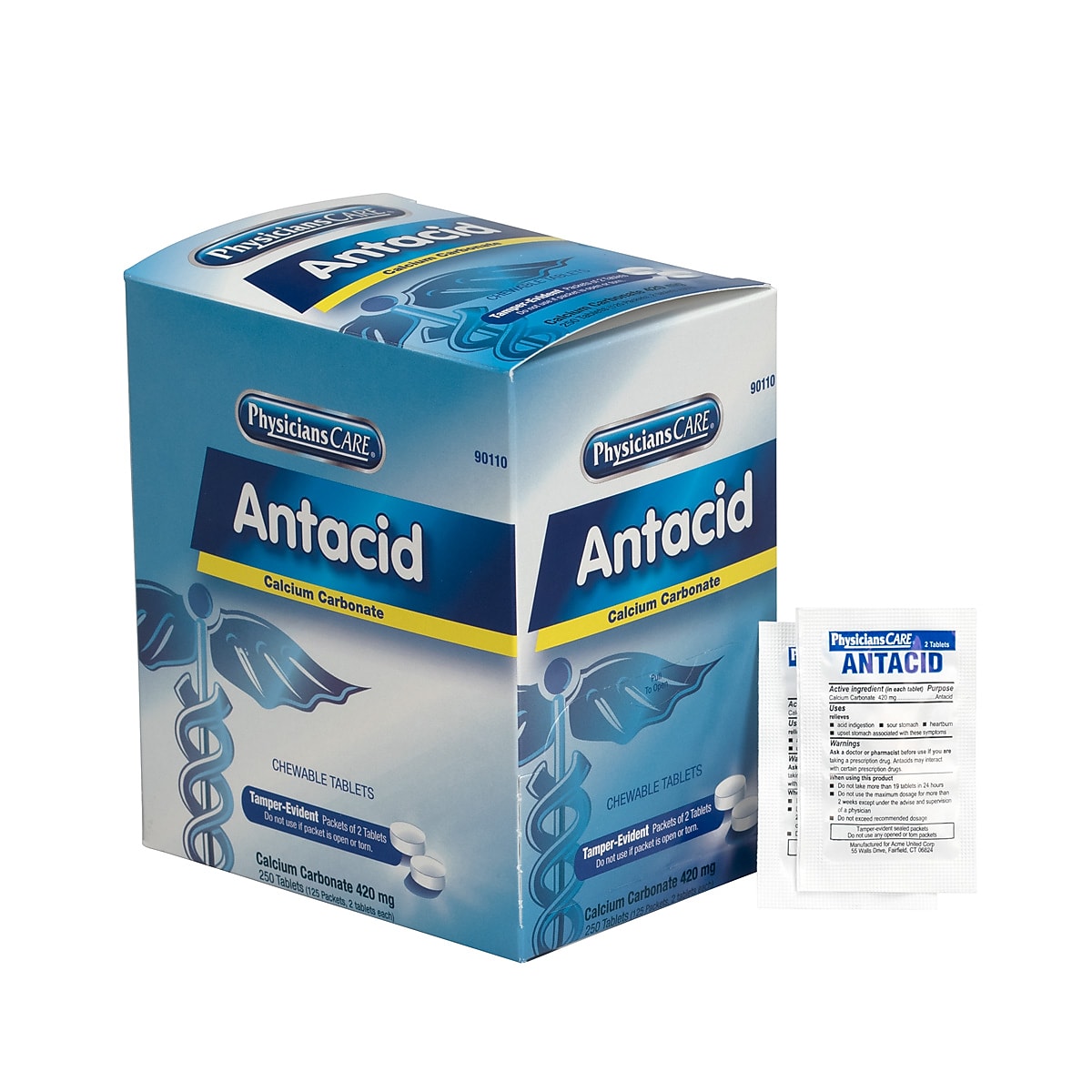 PhysiciansCare Antacid Chewable Tablets, 2/Packet, 125 Packets/Box