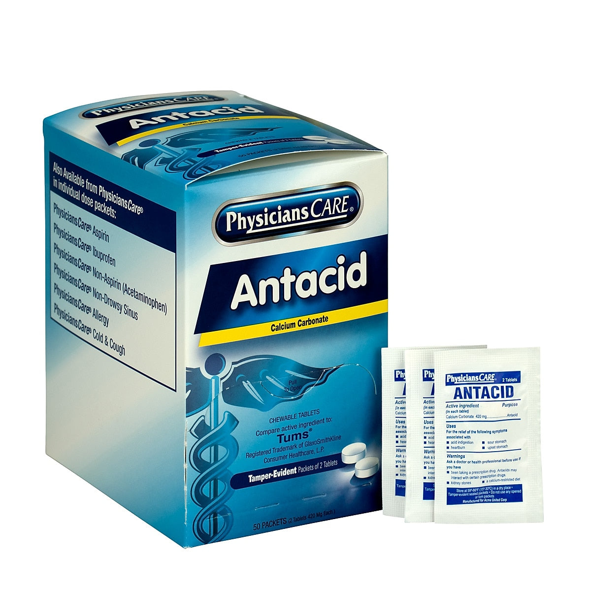 PhysiciansCare Antacid Chewable Tablets, 2/Packet, 50 Packets/Box