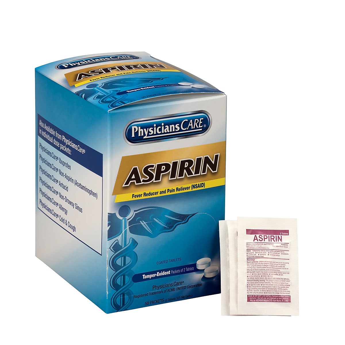 PhysiciansCare Aspirin Tablets, 325mg, 2/Packet, 50 Packets/Box