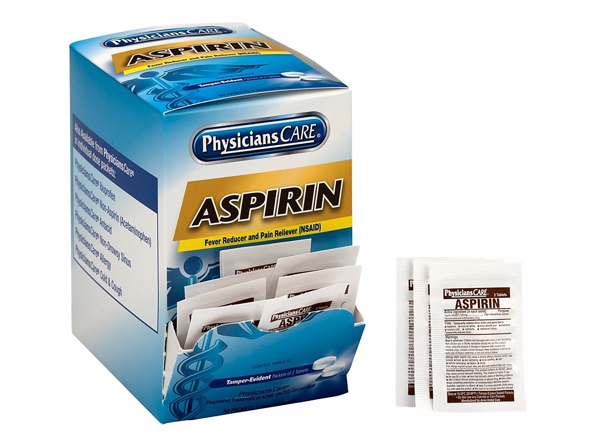 PhysiciansCare Aspirin Tablets, 325mg, 2/Packet, 50 Packets/Box