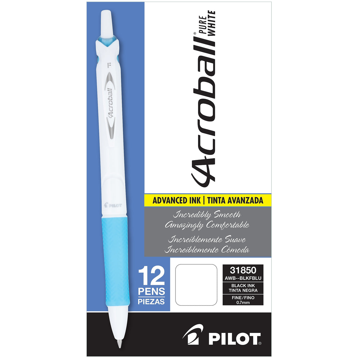 Pilot Acroball PureWhite Advanced Ink Retractable Ballpoint Pens, 0.7 mm, Fine Point, Black Ink, Dozen