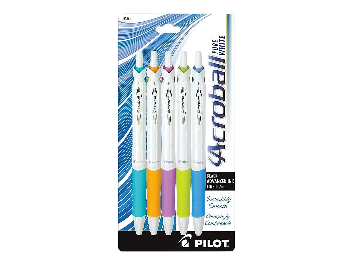 Pilot Acroball PureWhite Advanced Ink Retractable Ballpoint Pens, Fine Point, Black Ink, 5/Pack