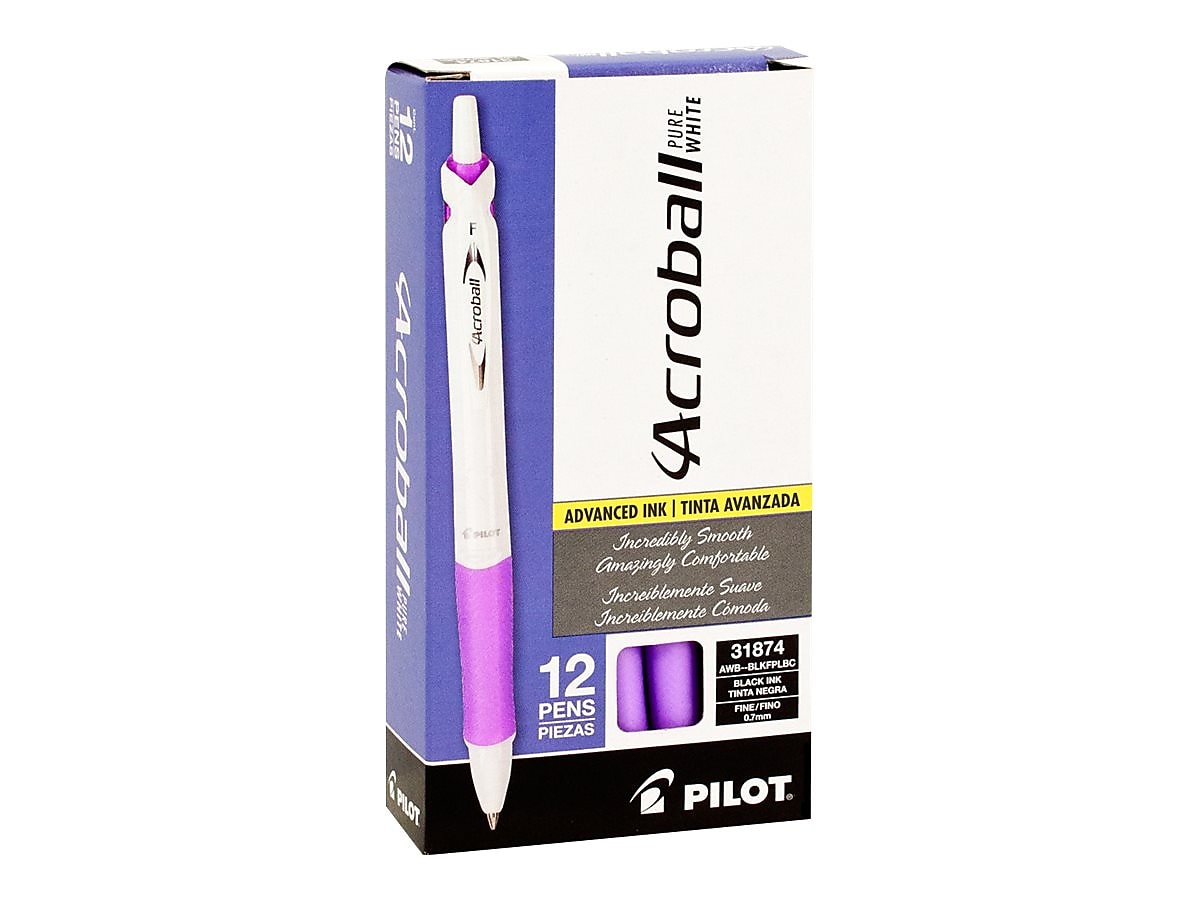 Pilot Acroball PureWhite Advanced Ink Retractable Ballpoint Pens, Fine Point, Black Ink, Dozen