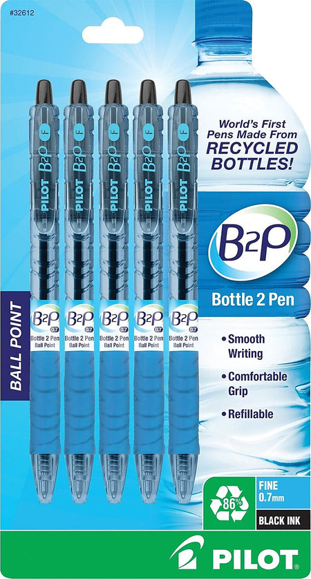 Pilot B2P Bottle 2 Pen Retractable Ballpoint Pens, Fine Point, Black Ink, 5/Pack