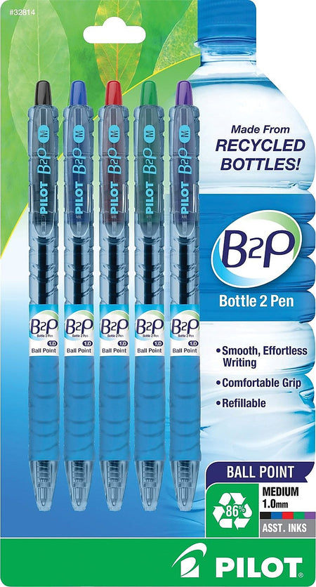 Pilot B2P Bottle 2 Pen Retractable Ballpoint Pens, Medium Point, Assorted Ink, 5/Pack