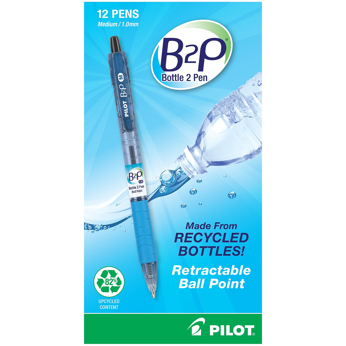 Pilot B2P Bottle 2 Pen Retractable Ballpoint Pens, Medium Point, Black Ink, Dozen