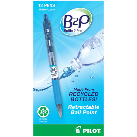 Pilot B2P Bottle 2 Pen Retractable Ballpoint Pens, Medium Point, Blue Ink, Dozen