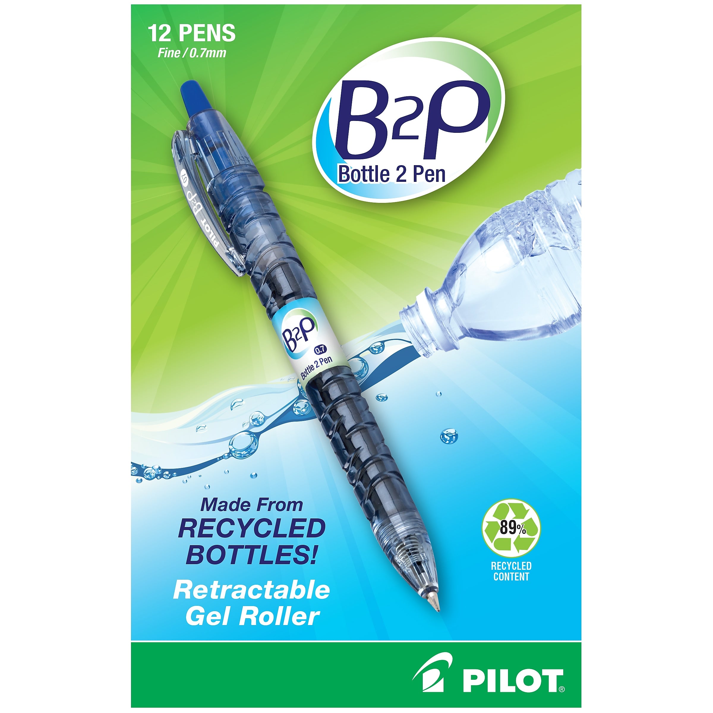 Pilot B2P Bottle 2 Pen Retractable Gel Pens, Fine Point, Blue Ink, Dozen