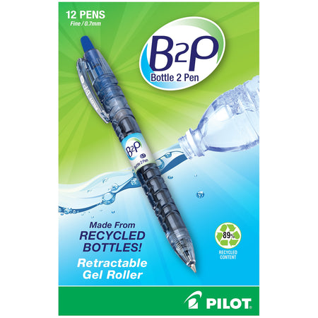 Pilot B2P Bottle 2 Pen Retractable Gel Pens, Fine Point, Blue Ink, Dozen