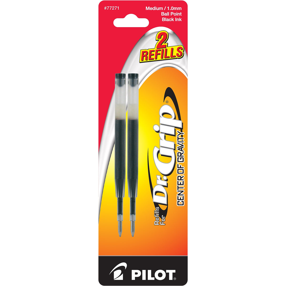 Pilot Dr. Grip Center Of Gravity Ballpoint Pen Refill, Medium Tip, Black Ink, 2/Pack