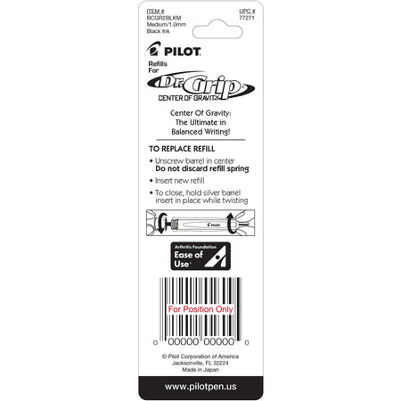 Pilot Dr. Grip Center Of Gravity Ballpoint Pen Refill, Medium Tip, Black Ink, 2/Pack