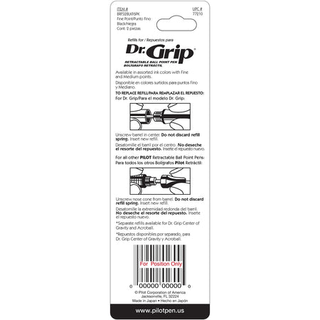 Pilot Dr. Grip Retractable Ballpoint Pen Refill, Fine Tip, Black Ink, 2/Pack