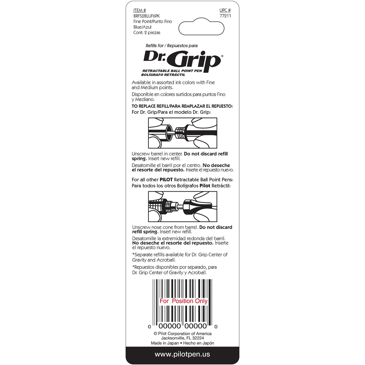 Pilot Dr. Grip Retractable Ballpoint Pen Refill, Fine Tip, Blue Ink, 2/Pack