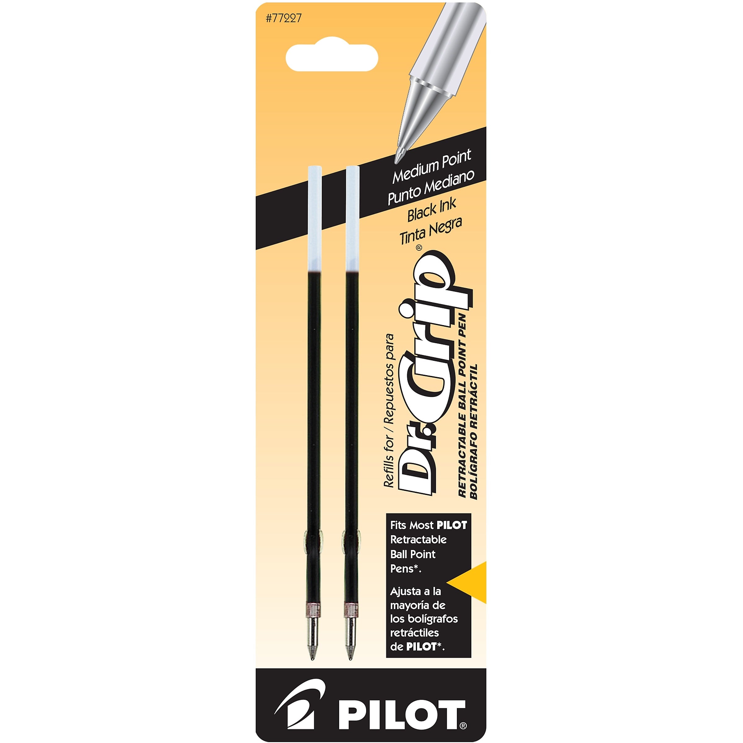 Pilot Dr. Grip Retractable Ballpoint Pen Refill, Medium Tip, Black Ink, 2/Pack