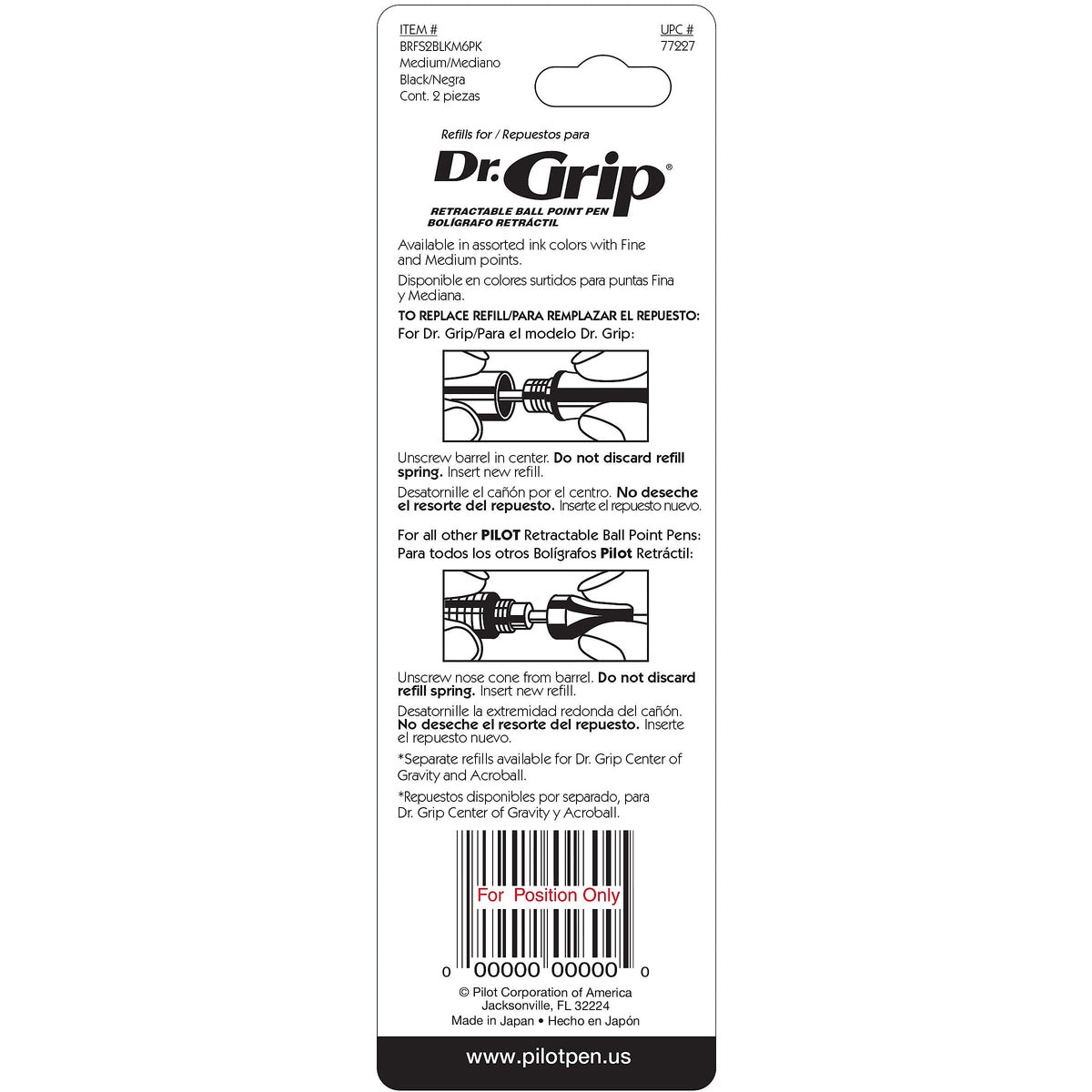 Pilot Dr. Grip Retractable Ballpoint Pen Refill, Medium Tip, Black Ink, 2/Pack