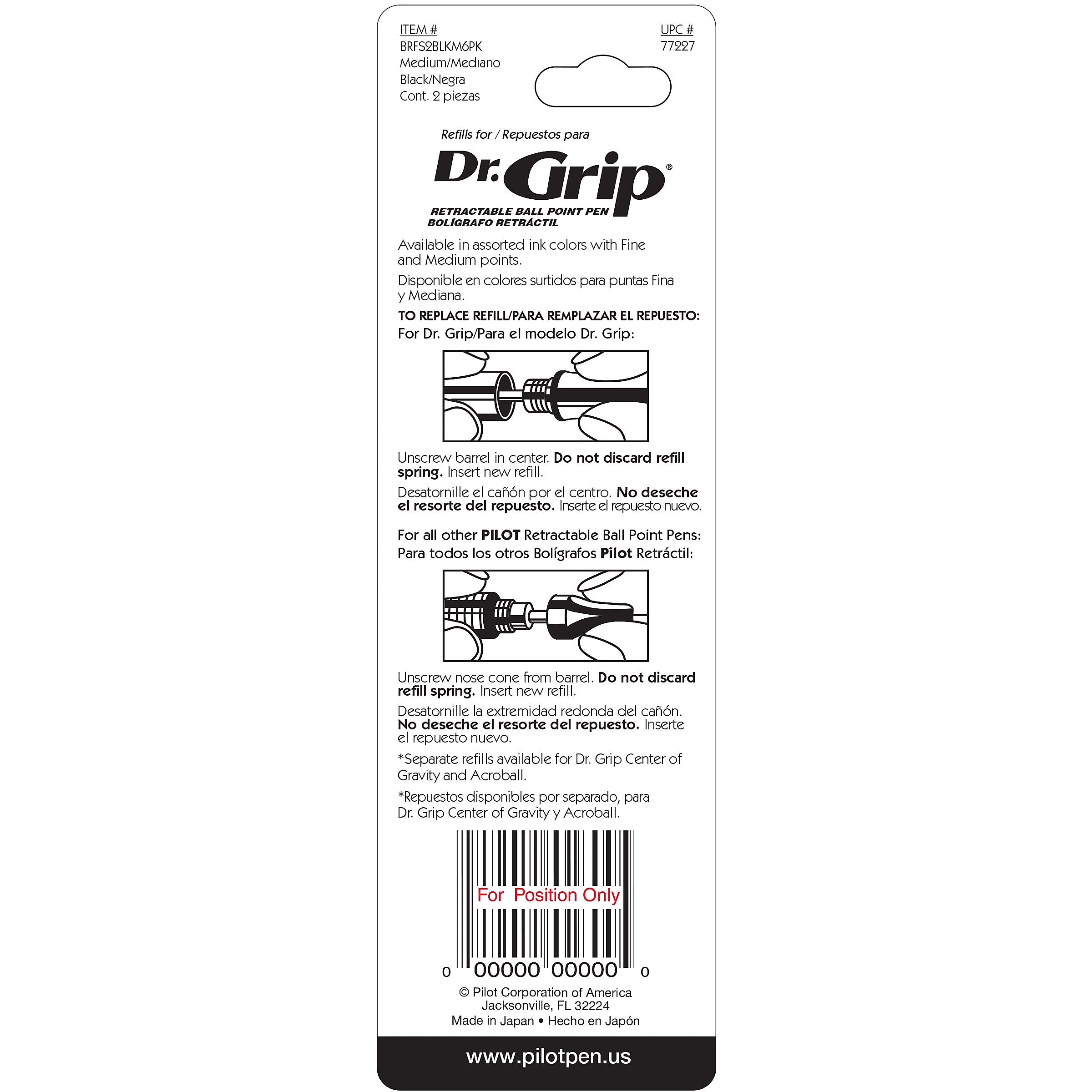 Pilot Dr. Grip Retractable Ballpoint Pen Refill, Medium Tip, Black Ink, 2/Pack