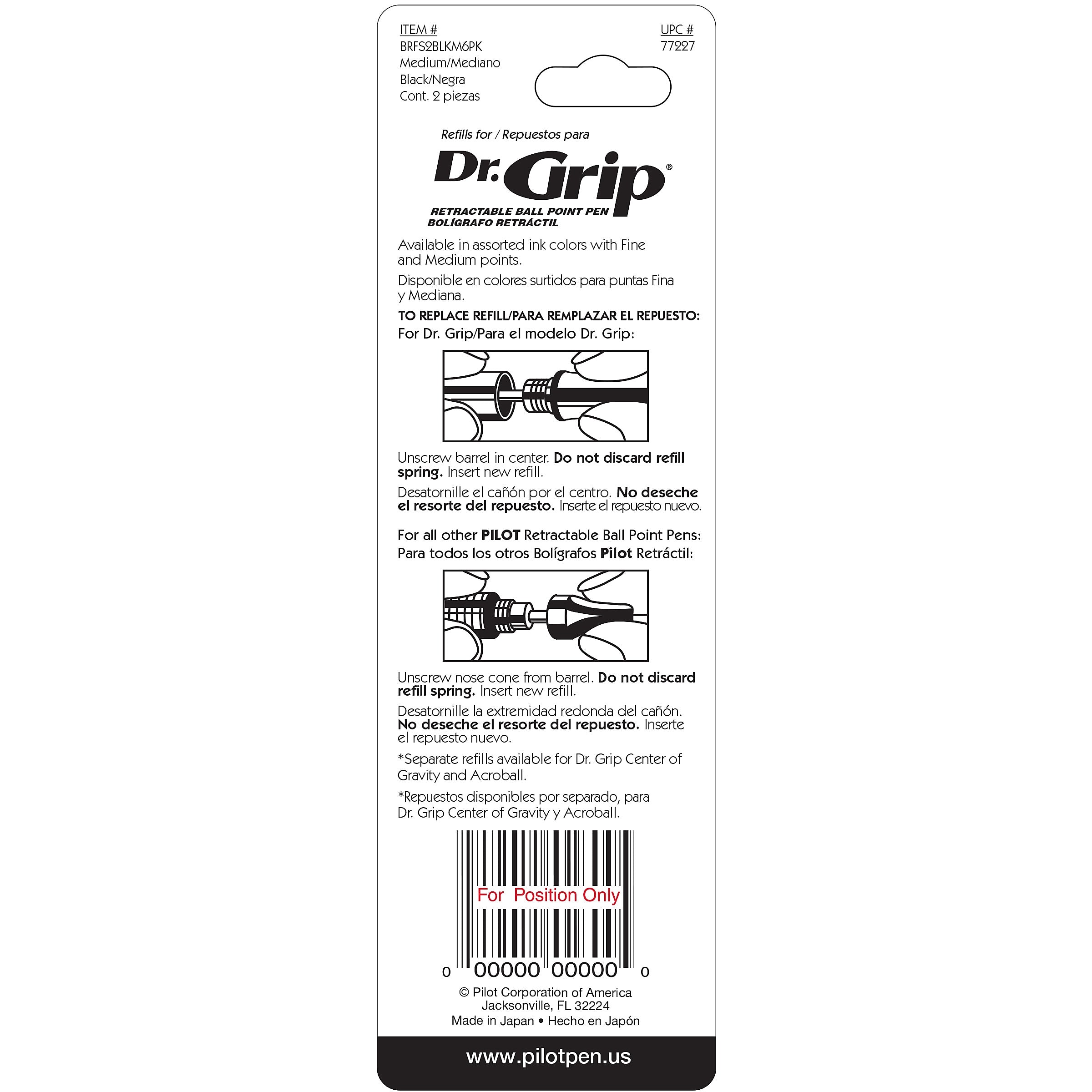 Pilot Dr. Grip Retractable Ballpoint Pen Refill, Medium Tip, Black Ink, 2/Pack