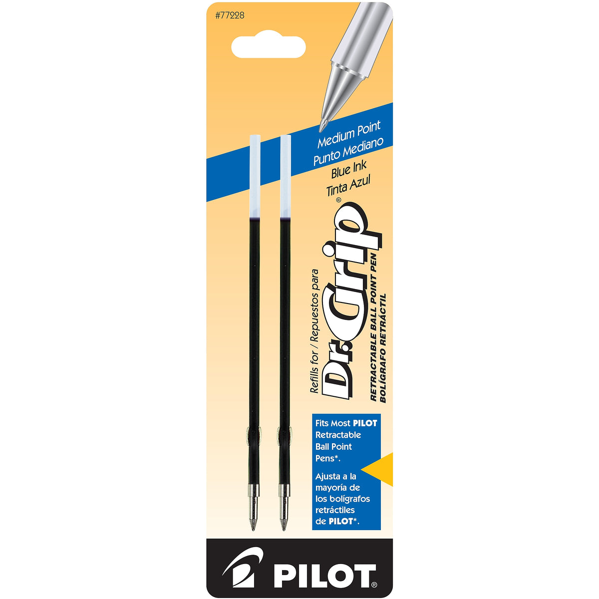 Pilot Dr. Grip Retractable Ballpoint Pen Refill, Medium Tip, Blue Ink, 2/Pack