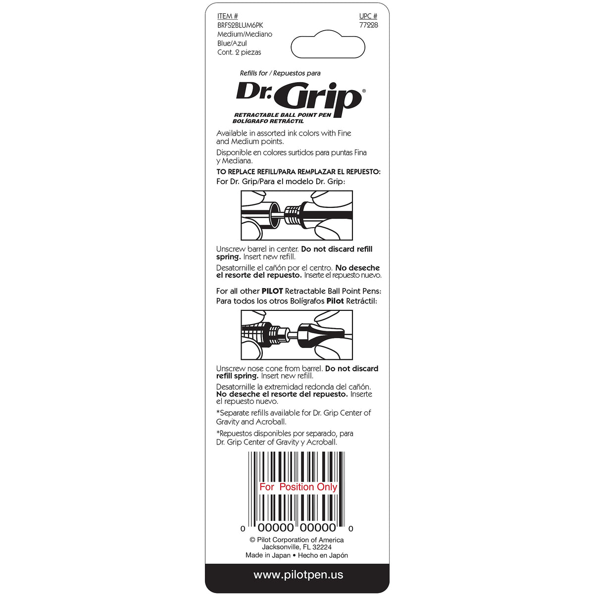 Pilot Dr. Grip Retractable Ballpoint Pen Refill, Medium Tip, Blue Ink, 2/Pack