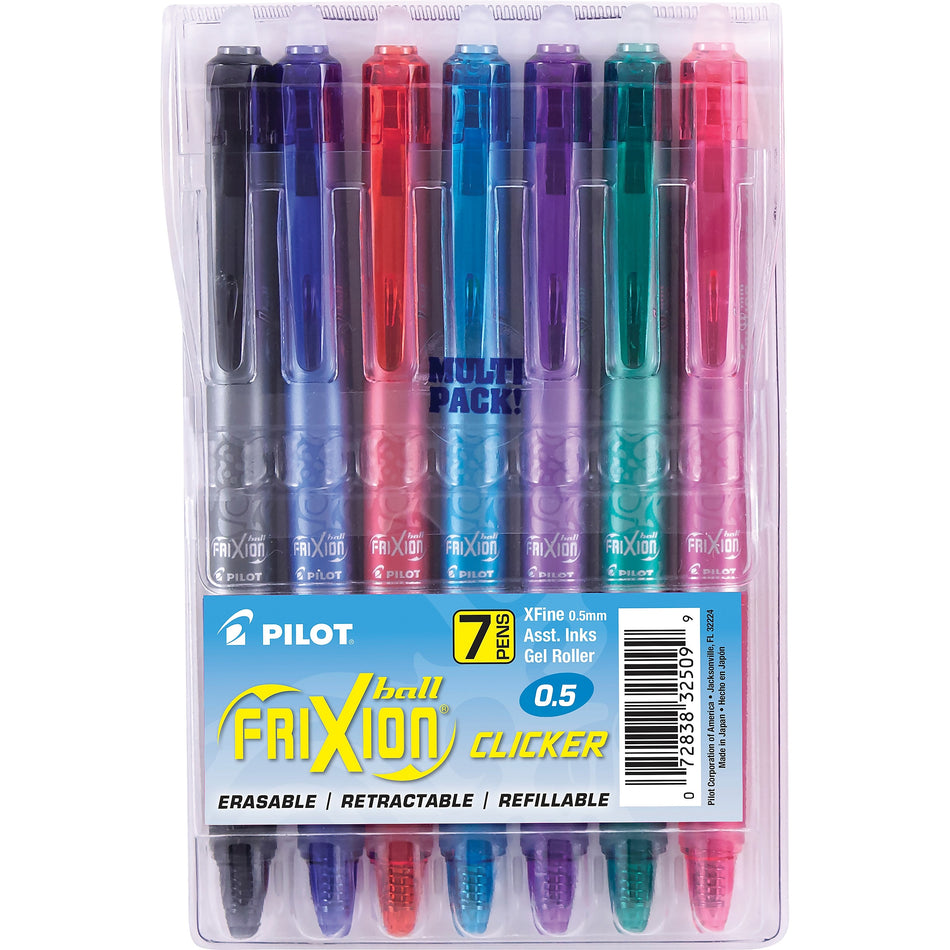 Pilot FriXion Ball Clicker Erasable Gel Pens, Extra Fine Point, Assorted Ink, 7/Pack