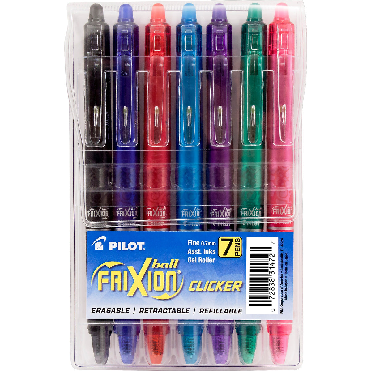 Pilot FriXion Ball Clicker Erasable Gel Pens, Fine Point, Assorted Ink, 7/Pack