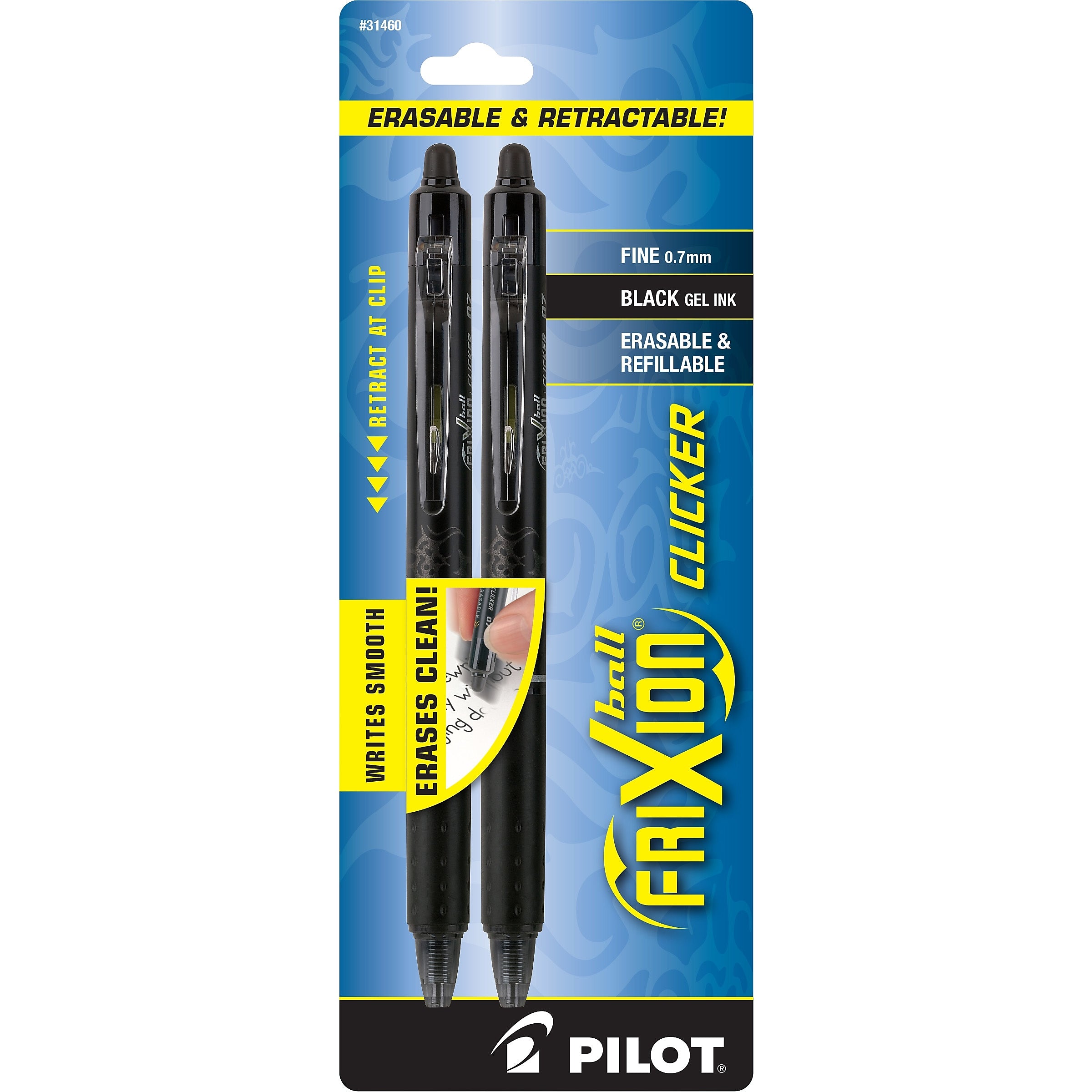 Pilot FriXion Ball Clicker Erasable Gel Pens, Fine Point, Black Ink, 2/Pack