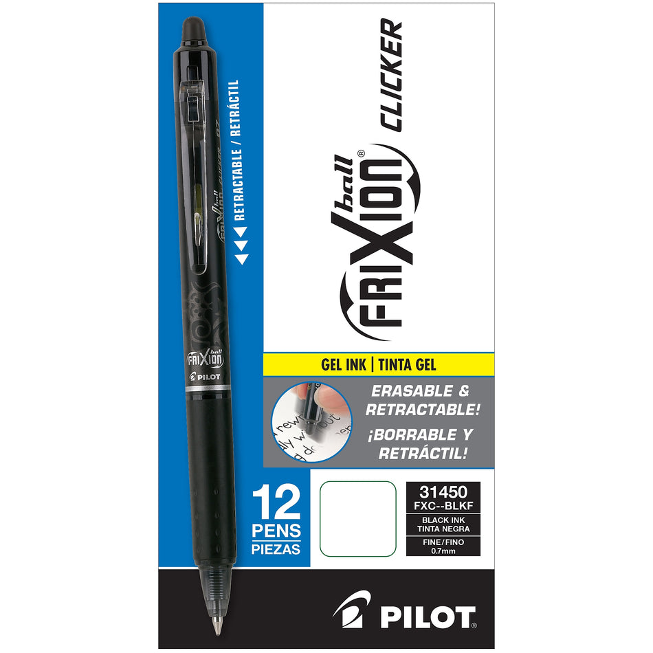 Pilot FriXion Ball Clicker Erasable Gel Pens, Fine Point, Black Ink, Dozen