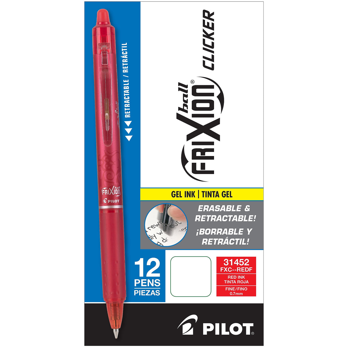 Pilot FriXion Ball Clicker Erasable Gel Pens, Fine Point, Red Ink, Dozen