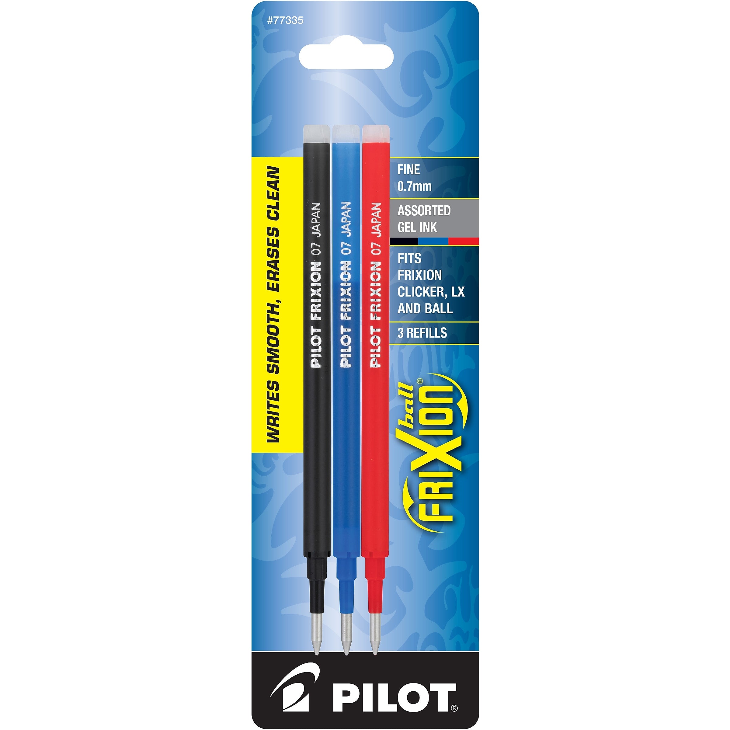 Pilot FriXion Ball Erasable Gel Pen Ink Refill, Fine Tip, Black/Blue/Red Ink, 3/Pack