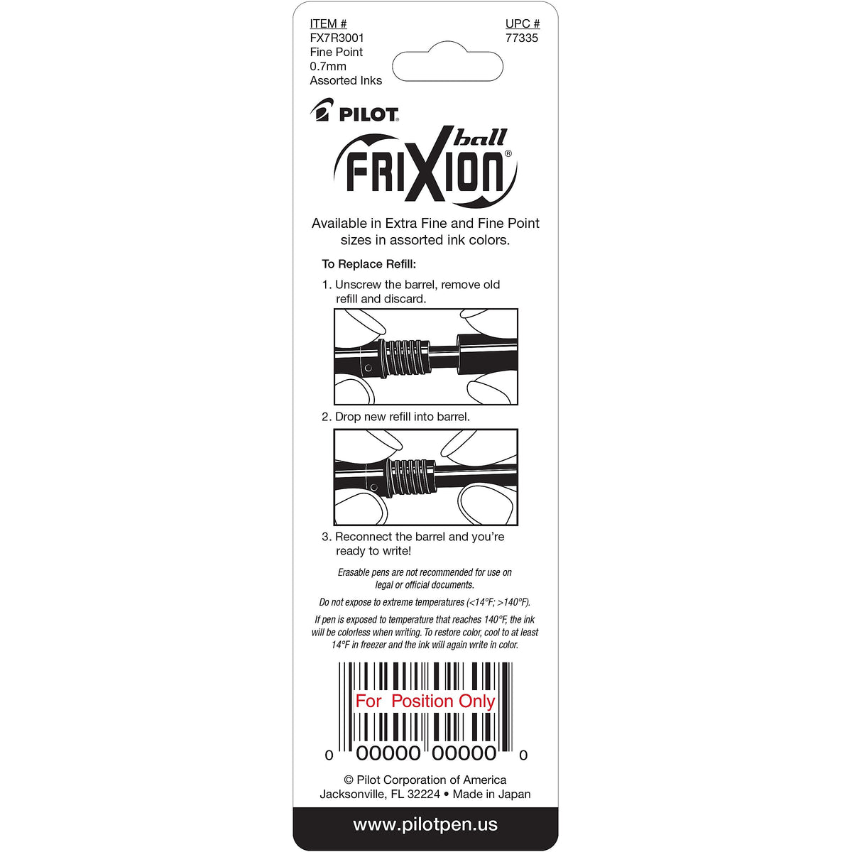 Pilot FriXion Ball Erasable Gel Pen Ink Refill, Fine Tip, Black/Blue/Red Ink, 3/Pack