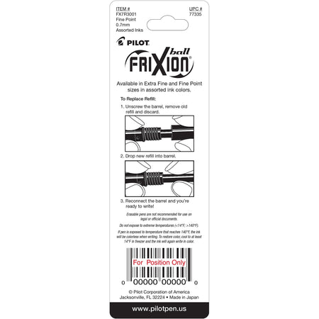 Pilot FriXion Ball Erasable Gel Pen Ink Refill, Fine Tip, Black/Blue/Red Ink, 3/Pack