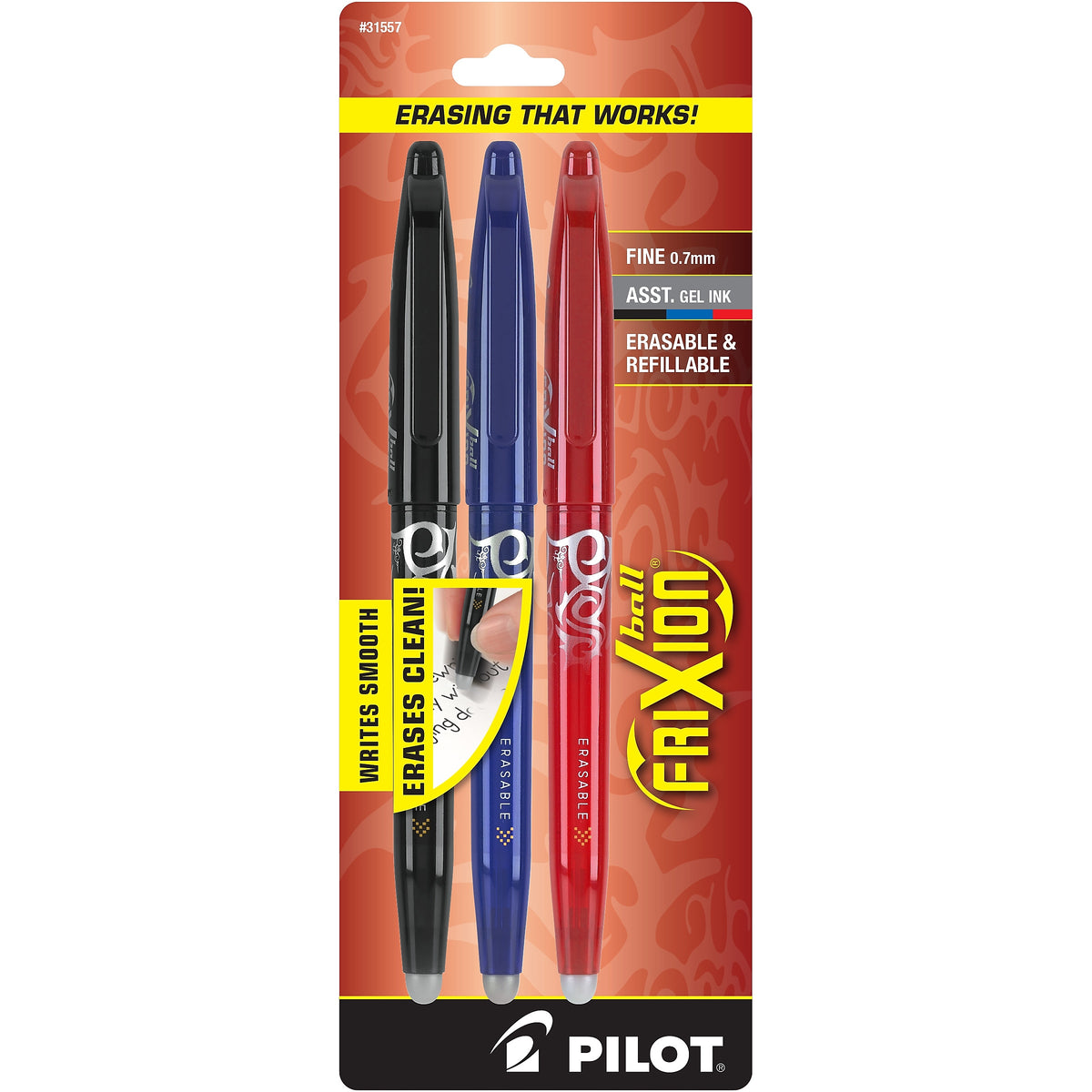 Pilot FriXion Ball Erasable Gel Pens, Fine Point, Assorted Ink, 3/Pack