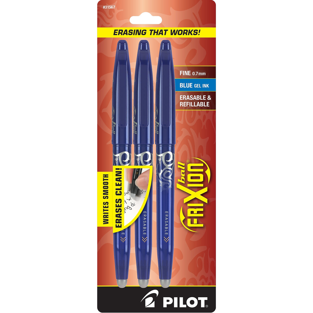 Pilot FriXion Ball Erasable Gel Pens, Fine Point, Blue Ink, 3/Pack