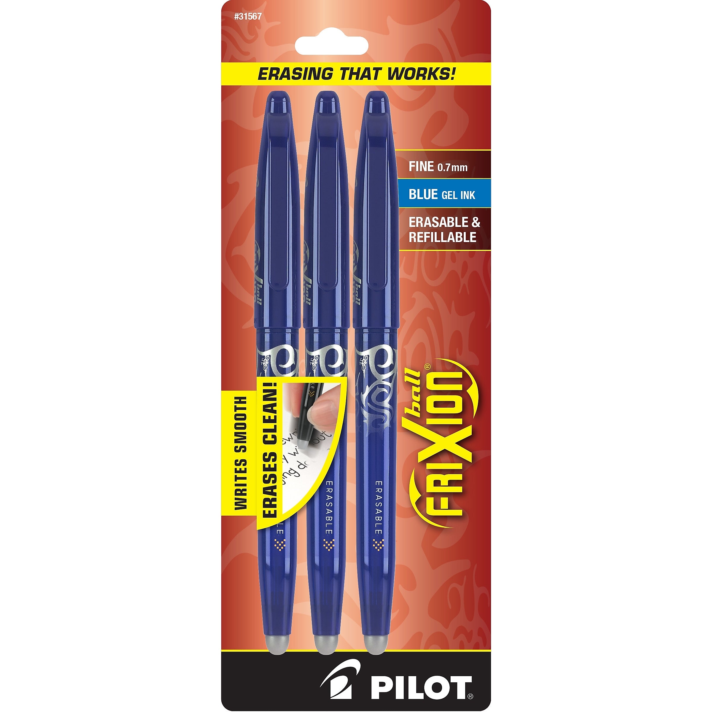 Pilot FriXion Ball Erasable Gel Pens, Fine Point, Blue Ink, 3/Pack