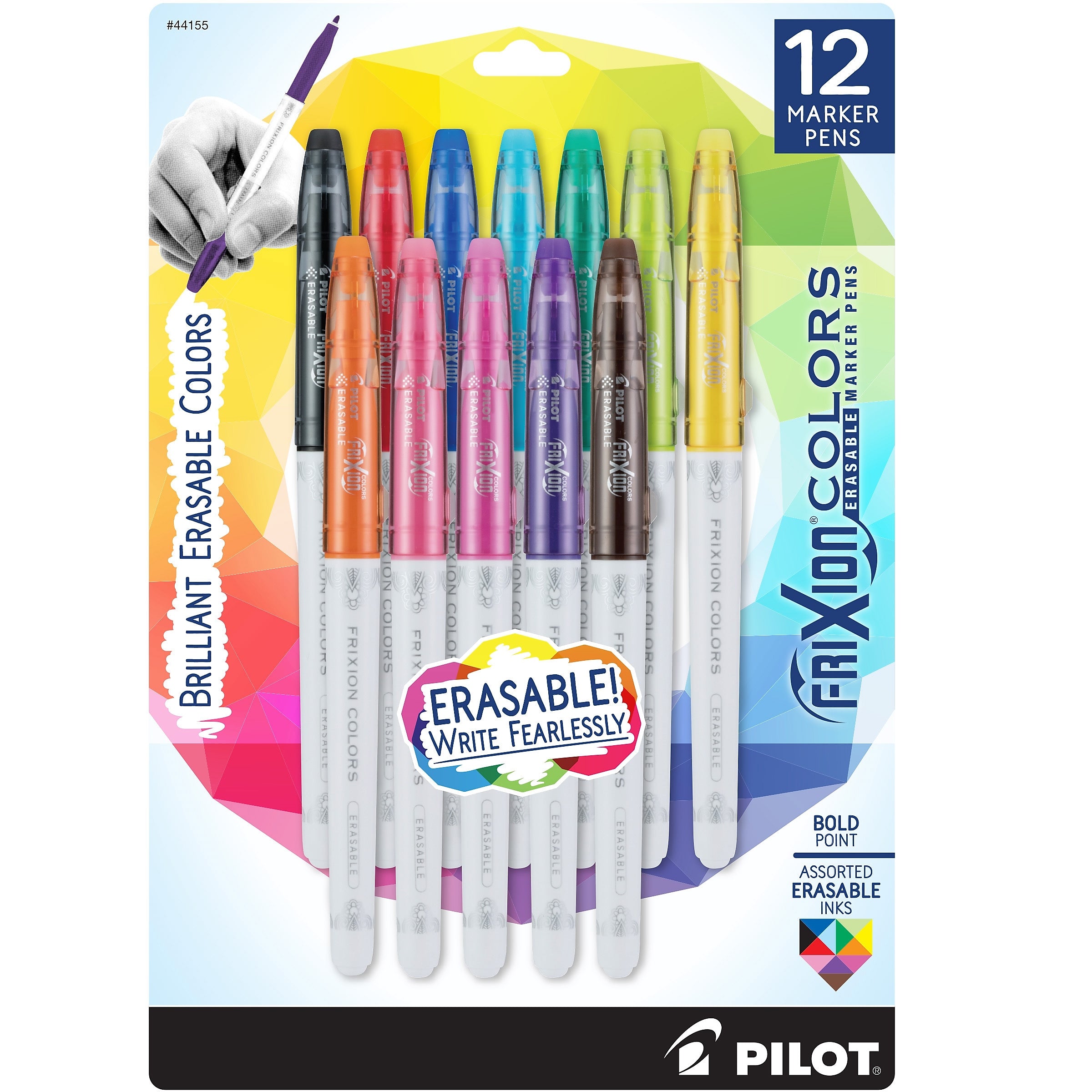 Pilot FriXion Colors Erasable Marker Pens, Bold Point, Assorted Ink, Dozen