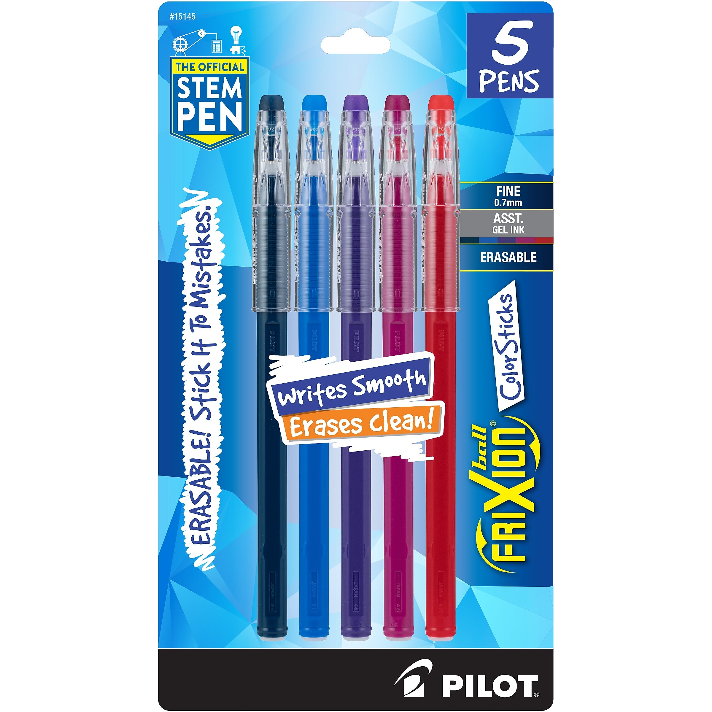 Pilot FriXion Colorsticks Erasable Gel Pens, Fine Point, Assorted Ink, 5/Pack