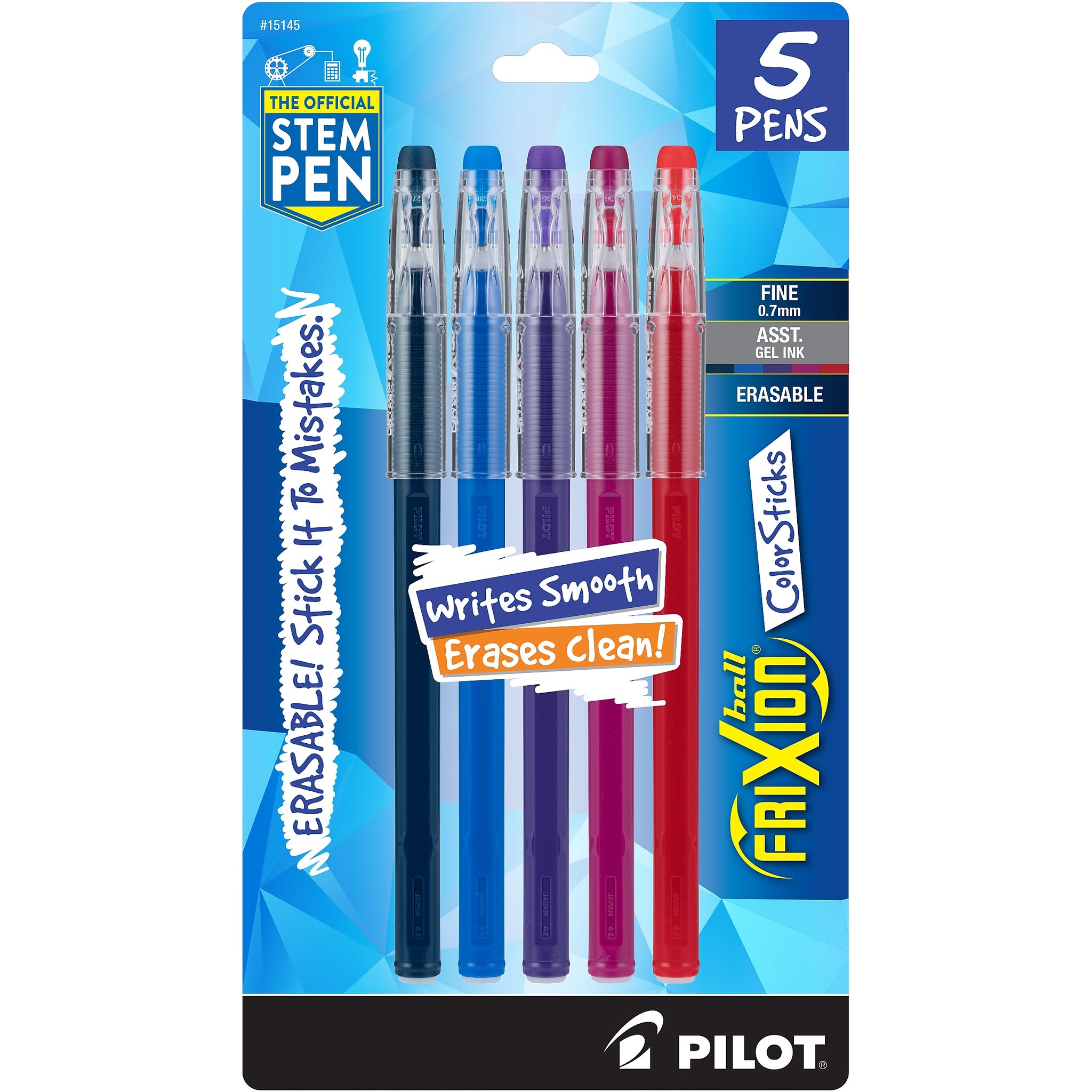 Pilot FriXion Colorsticks Erasable Gel Pens, Fine Point, Assorted Ink, 5/Pack