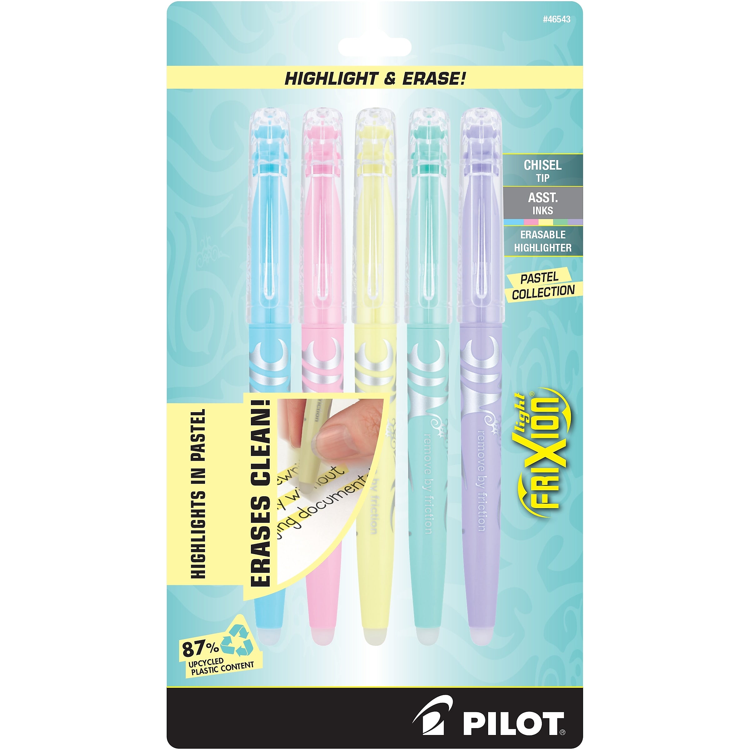 Pilot FriXion Light Pastel Erasable Highlighters, Chisel Tip, Assorted Ink, 5/Pack