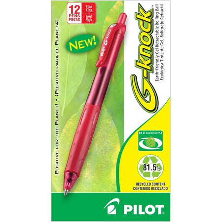 Pilot G-Knock BeGreen Retractable Gel Pens, Fine Point, Red Ink, Dozen