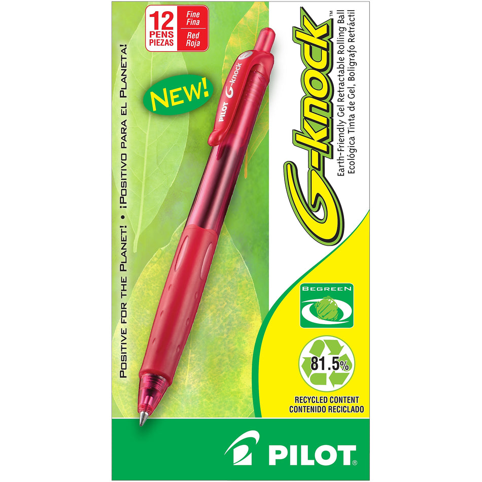 Pilot G-Knock BeGreen Retractable Gel Pens, Fine Point, Red Ink, Dozen