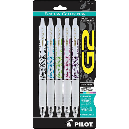 Pilot G2 Fashion Collection Retractable Gel Pens, Fine Point, Assorted Ink, 5/Pack