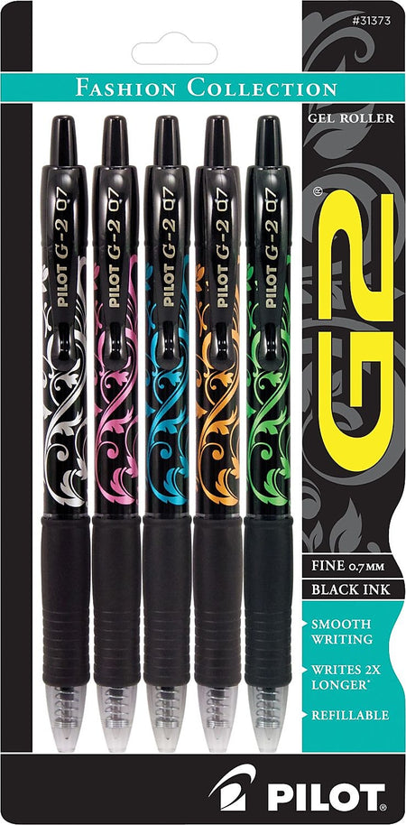 Pilot G2 Fashion Collection Retractable Gel Pens, Fine Point, Black Ink, 5/Pack