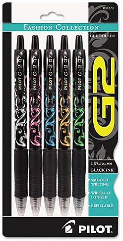 Pilot G2 Fashion Collection Retractable Gel Pens, Fine Point, Black Ink, 5/Pack