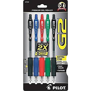 Pilot G2 Gel Pen, Extra Fine Point, Assorted Ink, 5/Pack