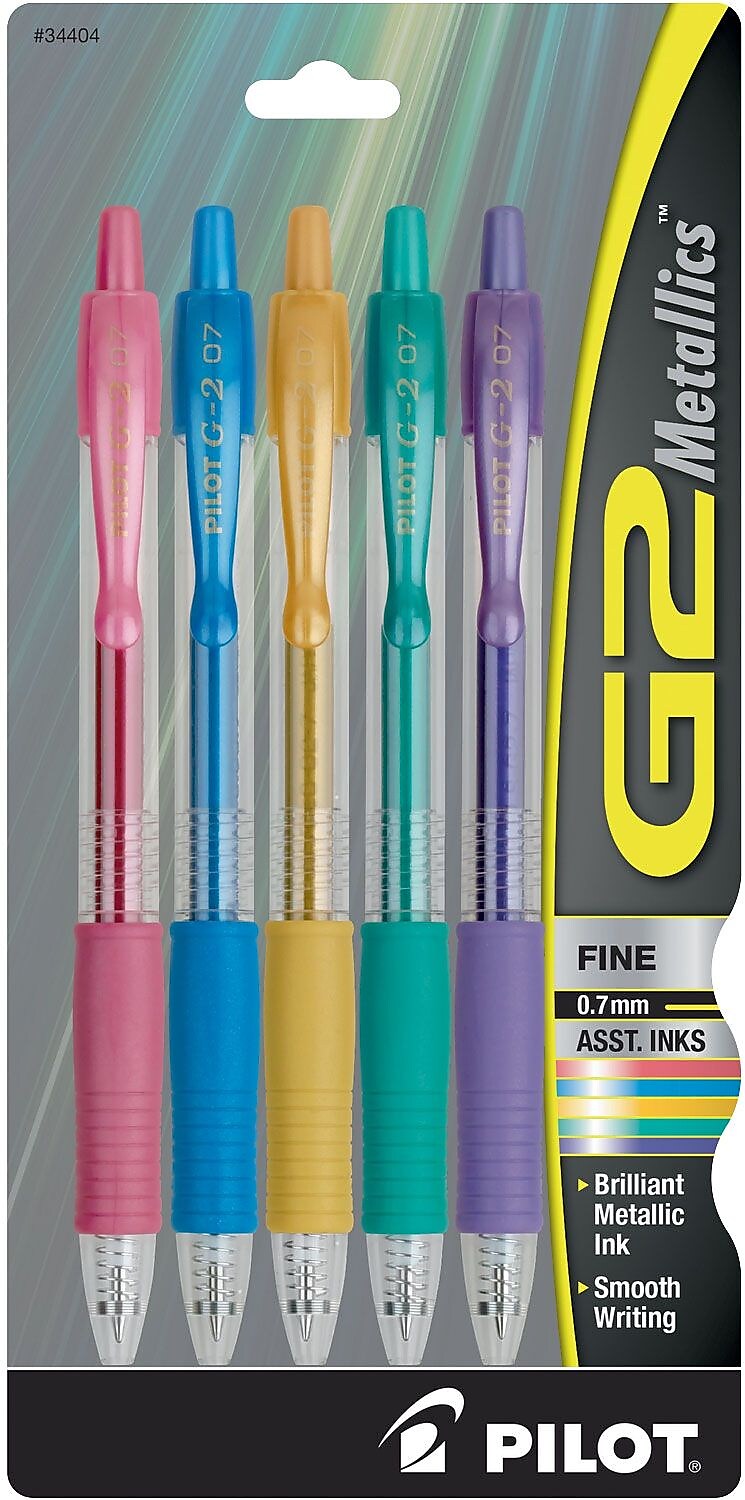 Pilot G2 Metallics Retractable Gel Pens, Fine Point, Assorted Ink, 5/Pack