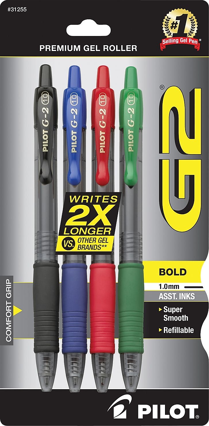 Pilot G2 Retractable Gel Pens, Bold Point, Assorted Ink, 4/Pack