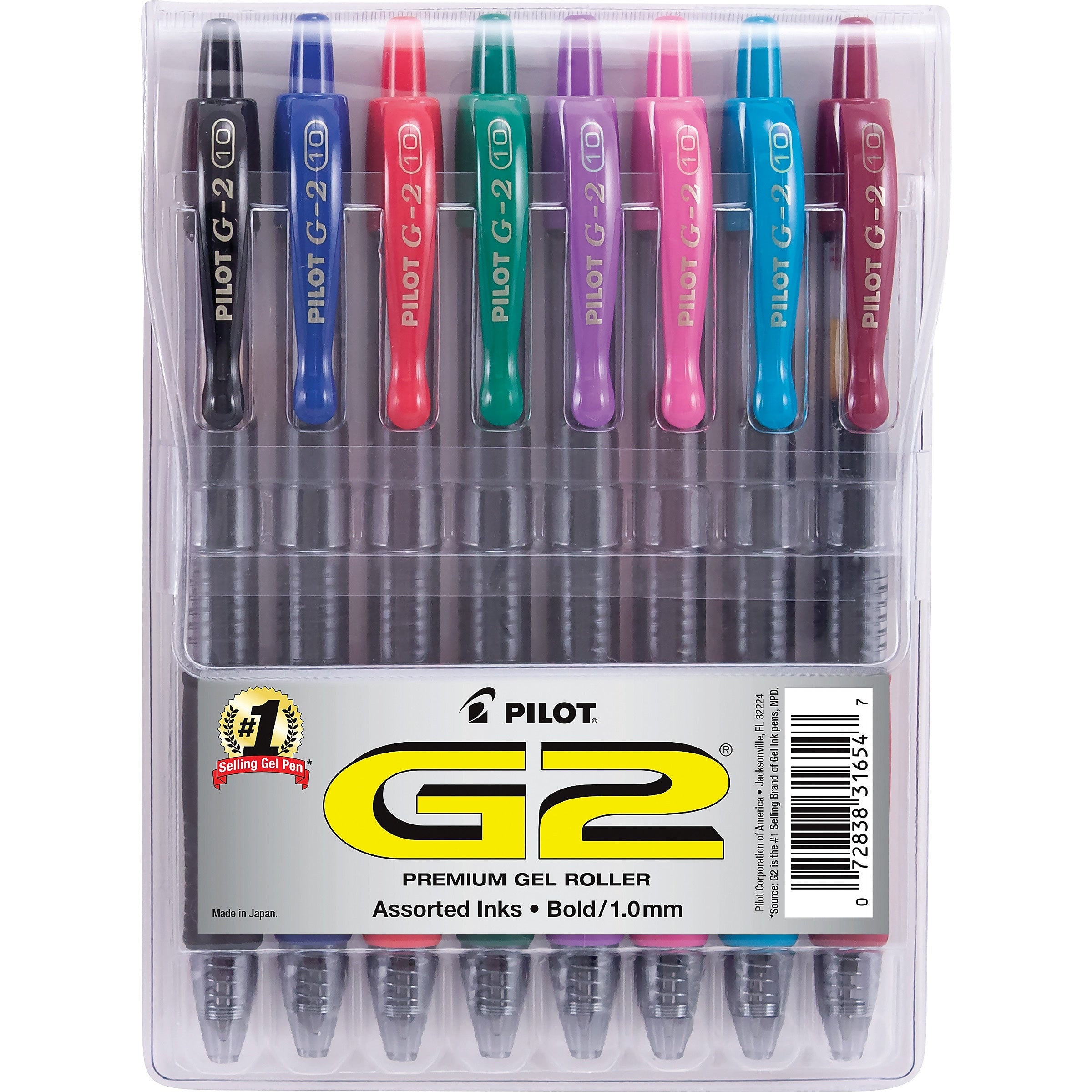 Pilot G2 Retractable Gel Pens, Bold Point, Assorted Ink, 8/Pack