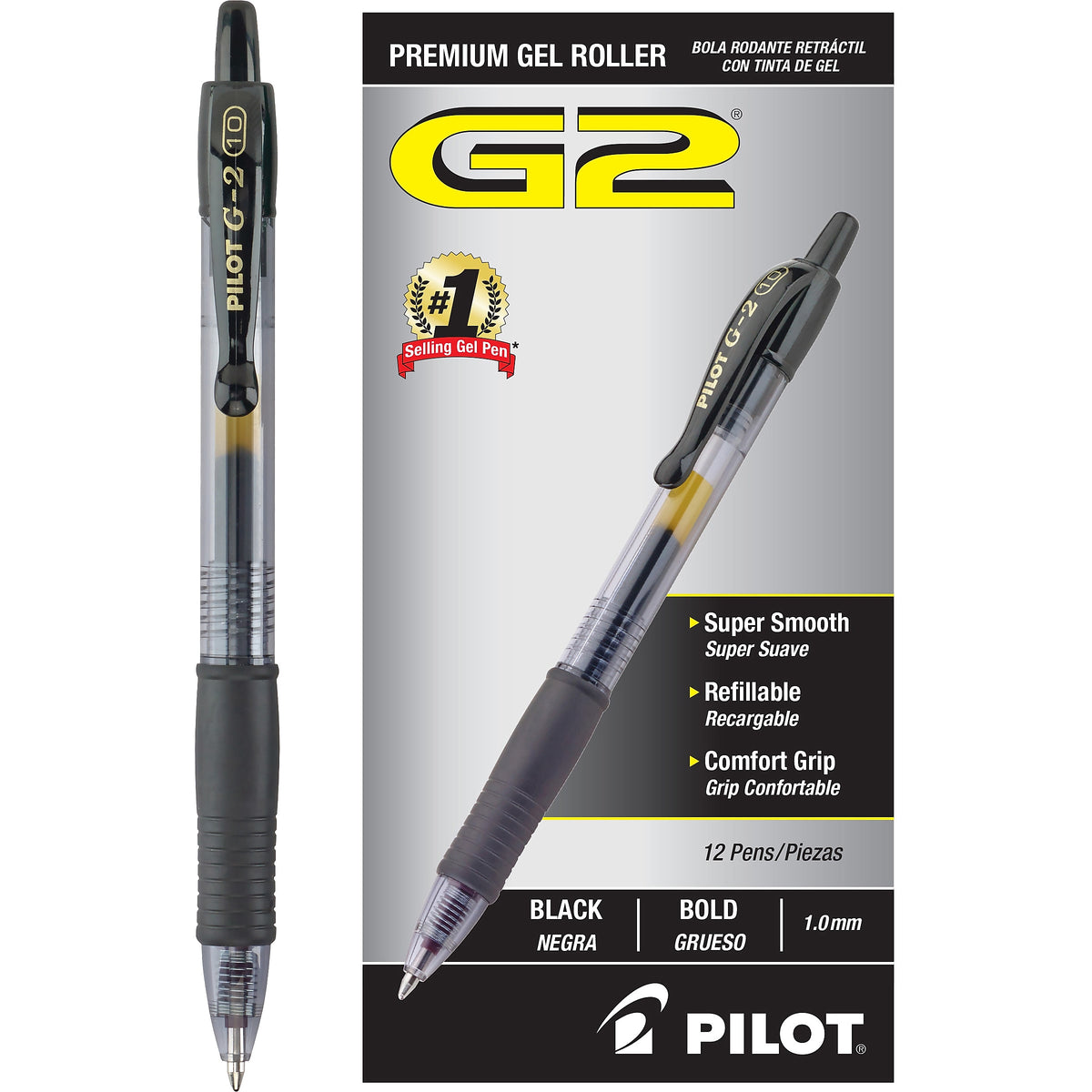 Pilot G2 Retractable Gel Pens, Bold Point, Black Ink, Dozen